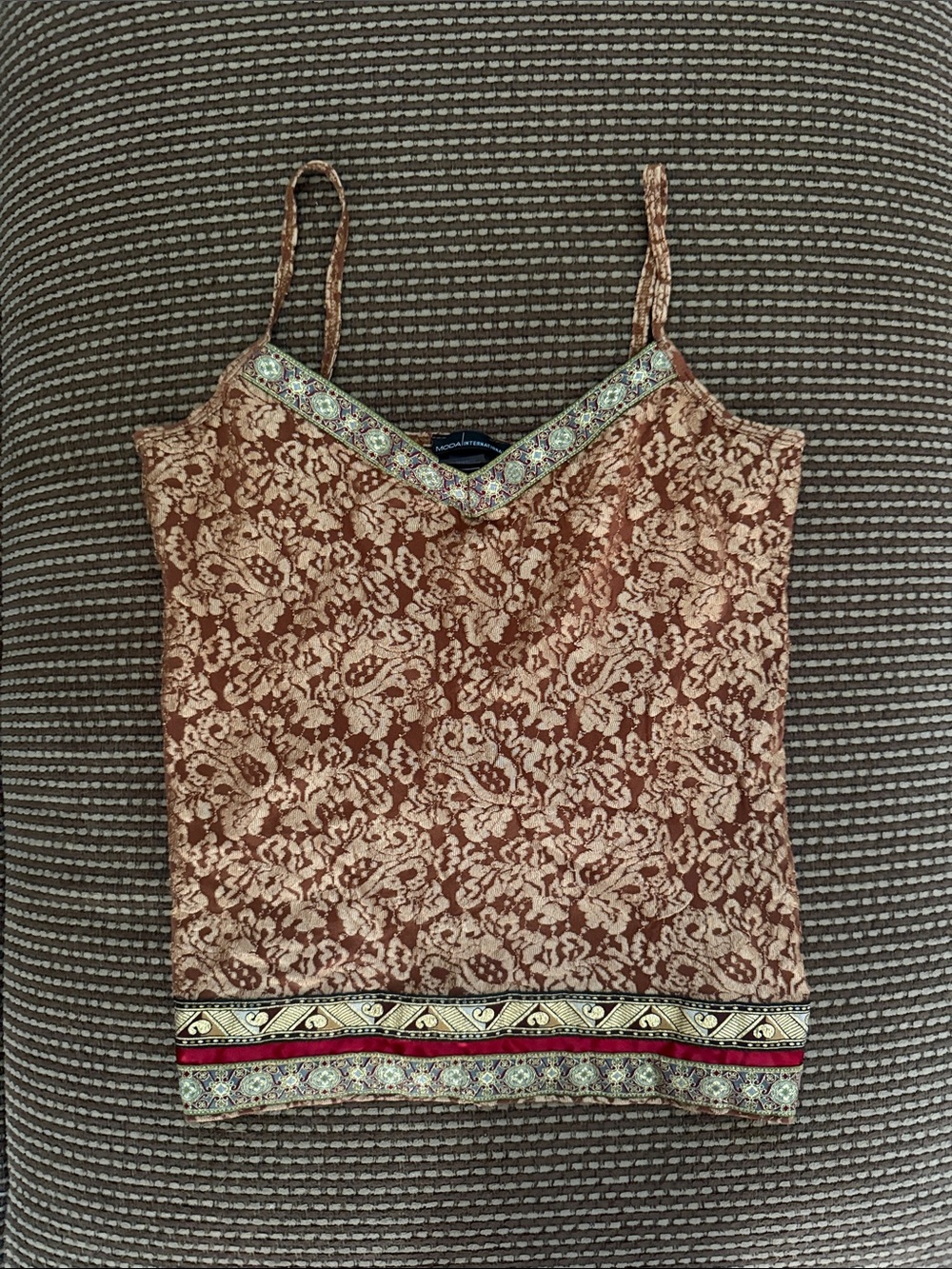 Moda International Brown Lace-Print Camisole with Embellished Trim